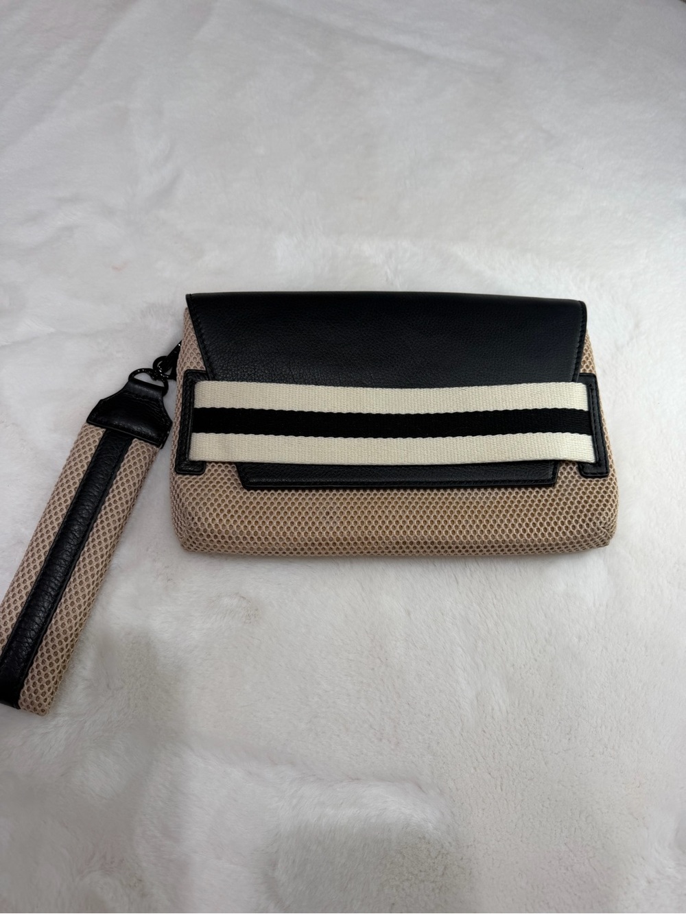 J. Crew Beige Mesh & Black Clutch with Striped Wrist Strap